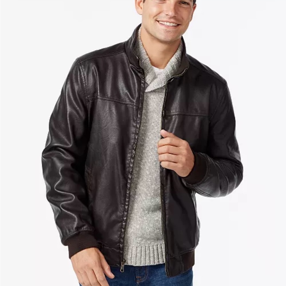 Tommy Hilfiger Black Faux Leather Bomber Jacket with Ribbed Cuffs